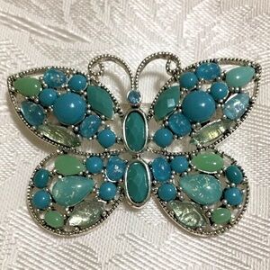 Butterfly Brooch Turquoise & Green Iridescent Stones Silver tone